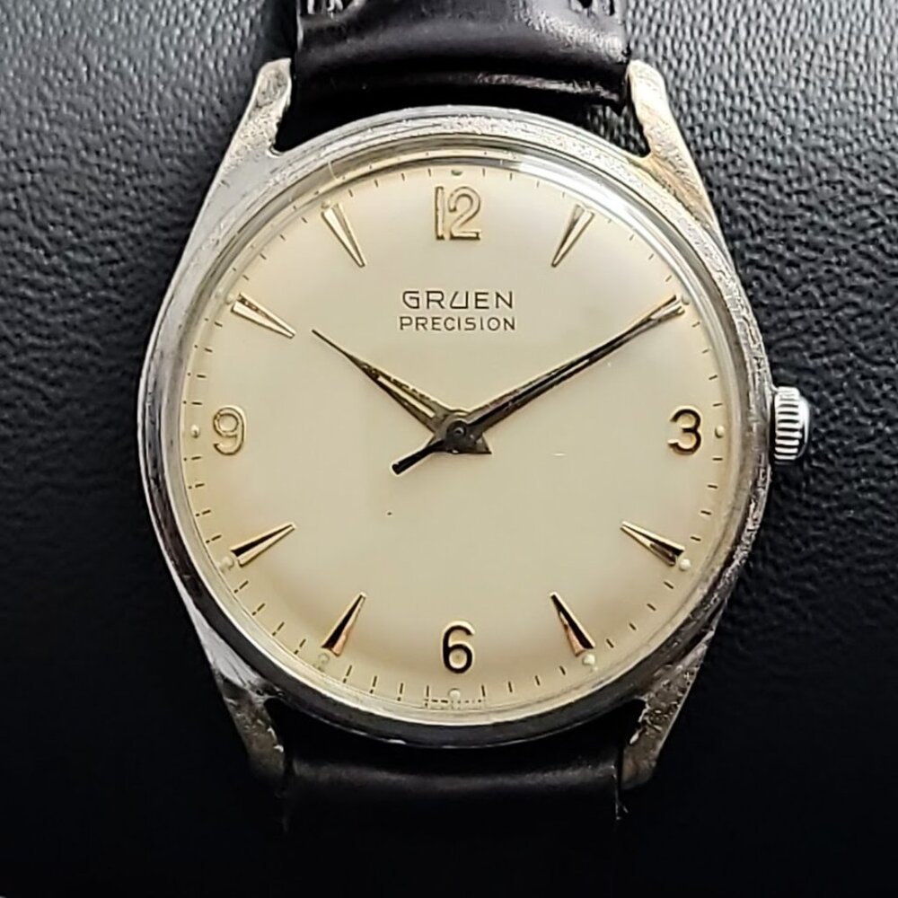 Vintage Gruen Precision Men’s Mechanical Watch – Silver Case, Cream Dial